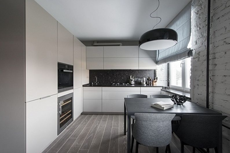 Pilka palėpės stiliaus virtuvė - interjero dizainas