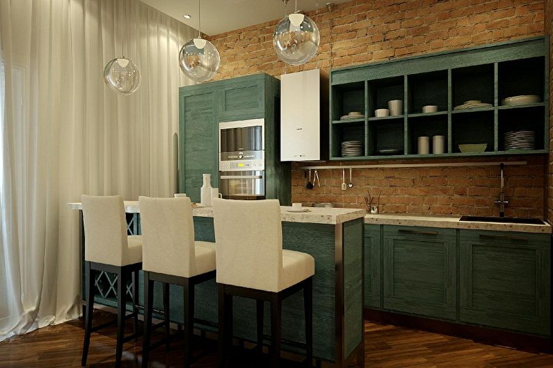 Žalia palėpės stiliaus virtuvė - interjero dizainas