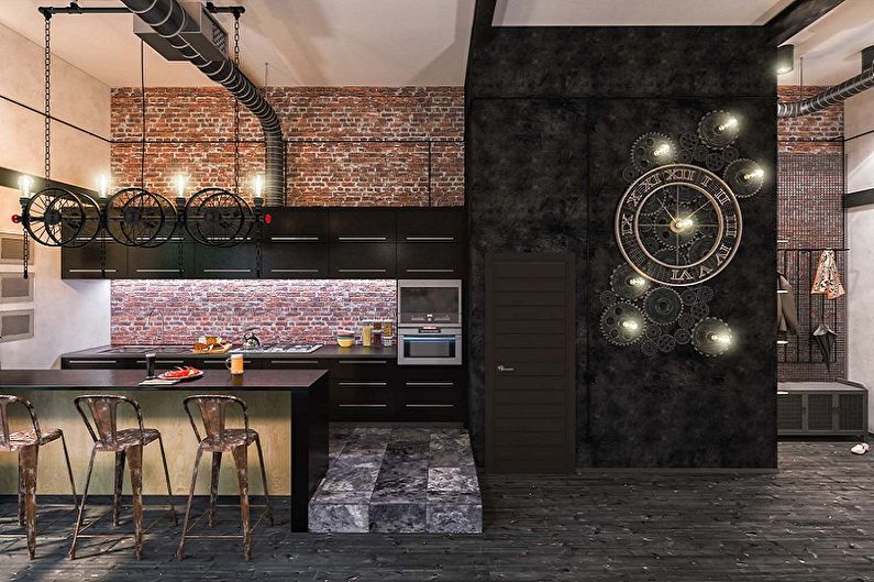 Cuisine de style loft noir - Design d'intérieur
