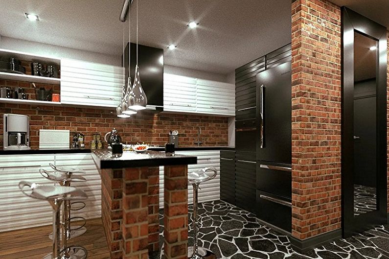 Loft stiliaus virtuvės dizainas - apšvietimas ir dekoras