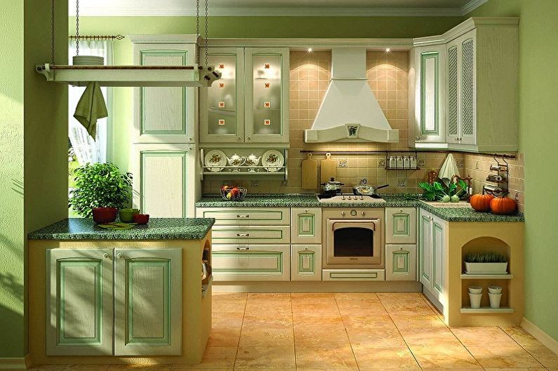 Zaļās Provansas stila virtuve - interjera dizains