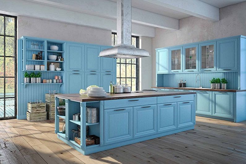Zila Provansas stila virtuve - interjera dizains